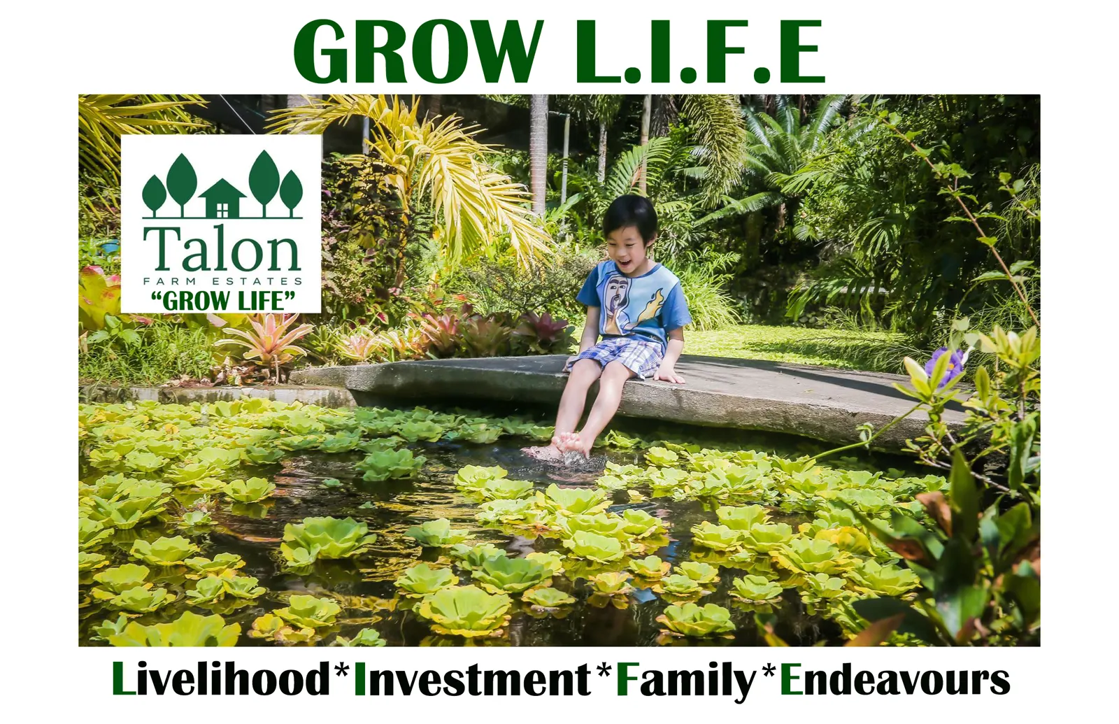 Talon Farm Estates GROW L.I.F.E. garden pond with lily pads, a child at the water's edge, and the Talon Farm Estates logo