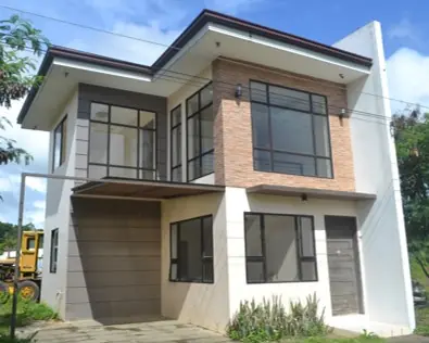 Modern two storey house with dark framed corner windows, brick accent panel and carport