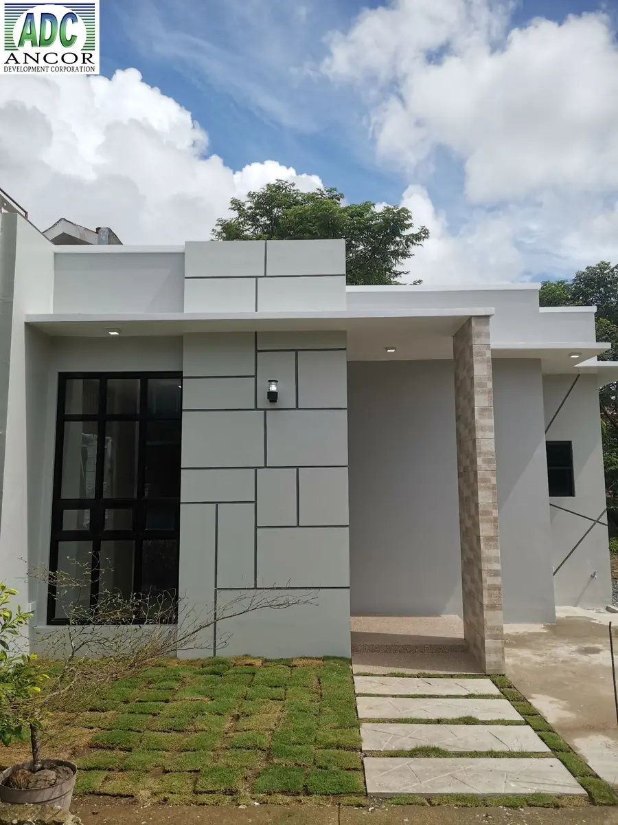 Front facade with panelled grey wall, black framed picture window, wall lamp, and stone clad entry column