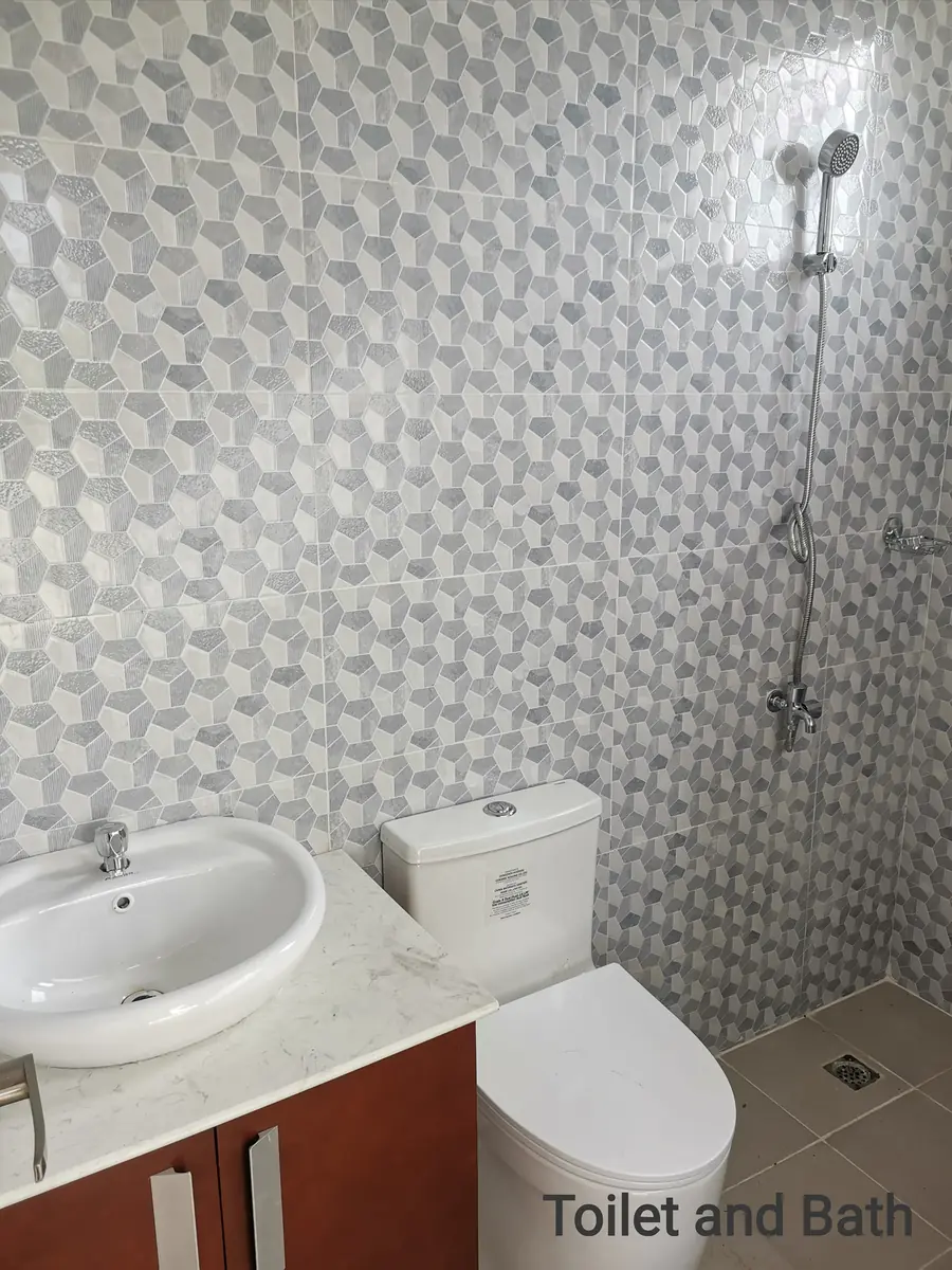 Toilet and bath with grey hexagon wall tiles, sink on a marble top vanity, toilet, and hand shower