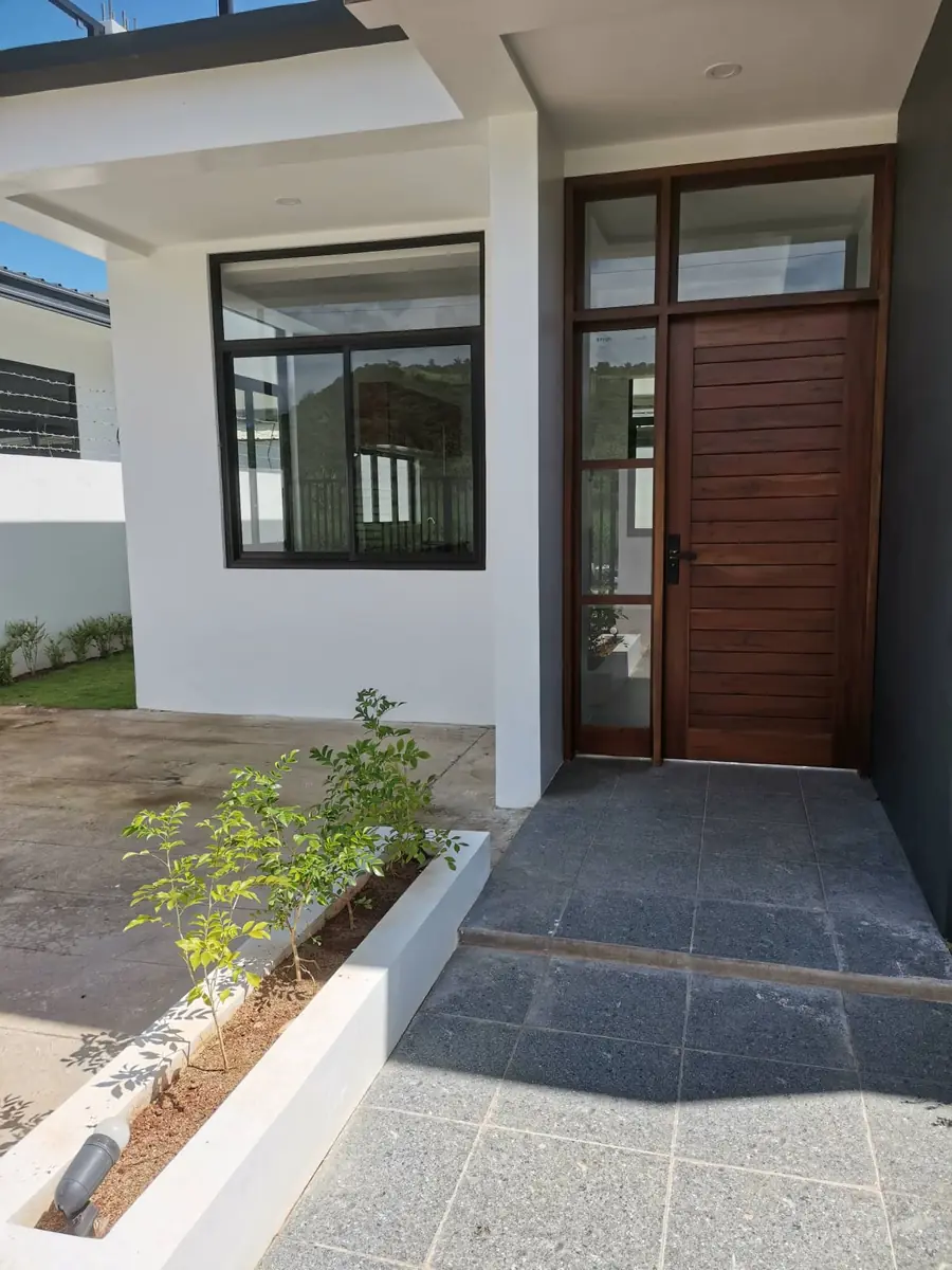 Entry porch with dark wood front door, glass sidelight, black framed window, and a planter box of shrubs