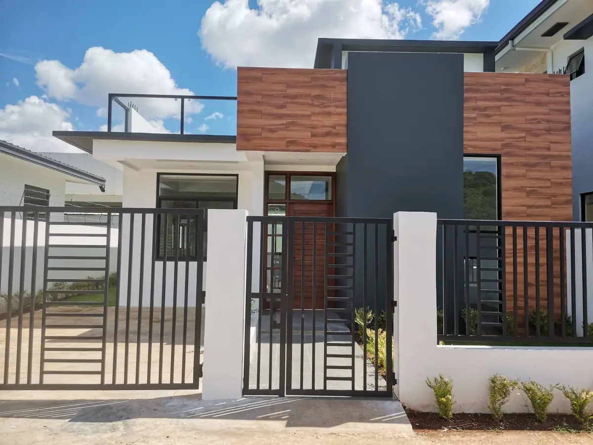 Front elevation with wood look cladding, dark grey panel, wood door, roof deck railing, and black gates
