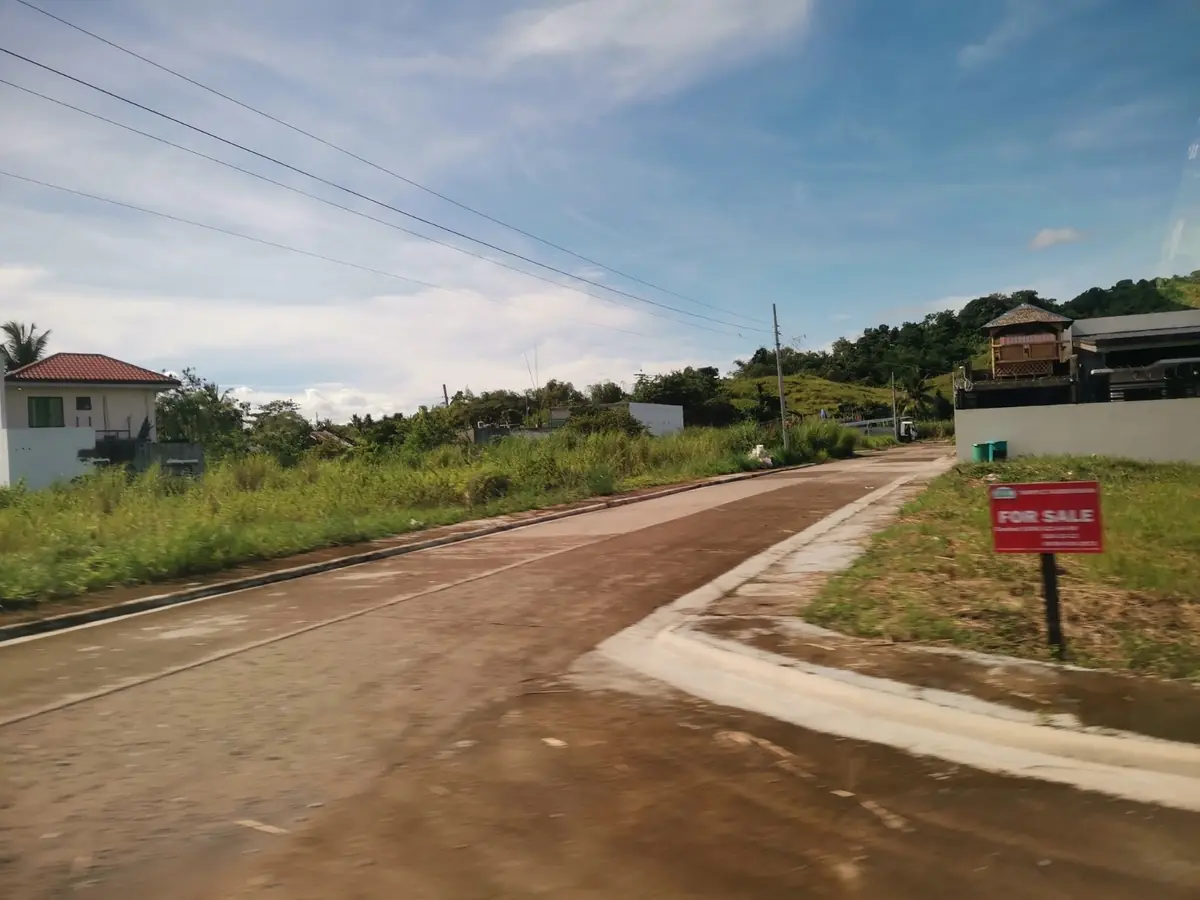Subdivision road with grassy lots, a red For Sale sign at the roadside and hills in the distance