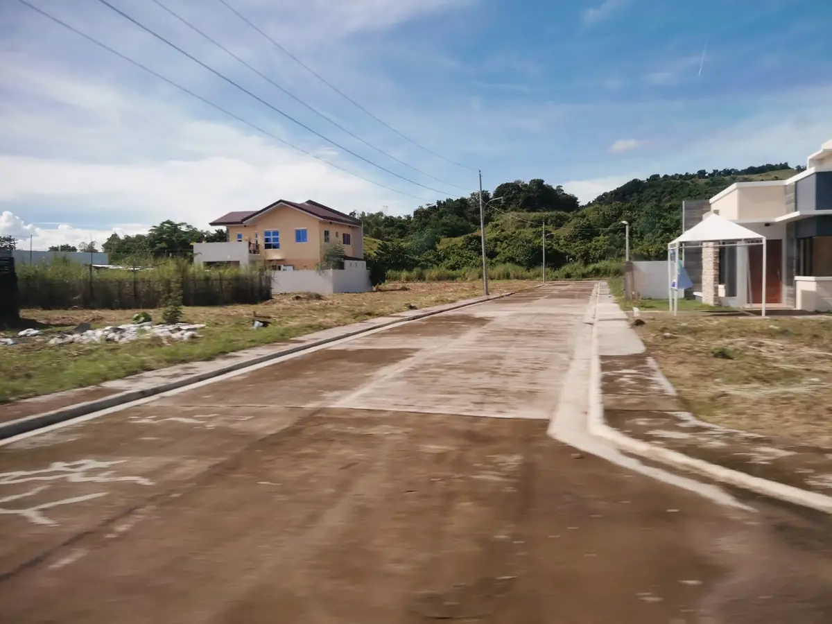 Concrete road with kerbs and drainage, a yellow two storey house at left and wooded hill behind